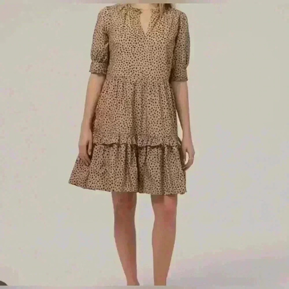 J. Crew | Ruffleneck Tiered Popover Dress in Leopard Dot sz Small S Tan black - Picture 2 of 9
